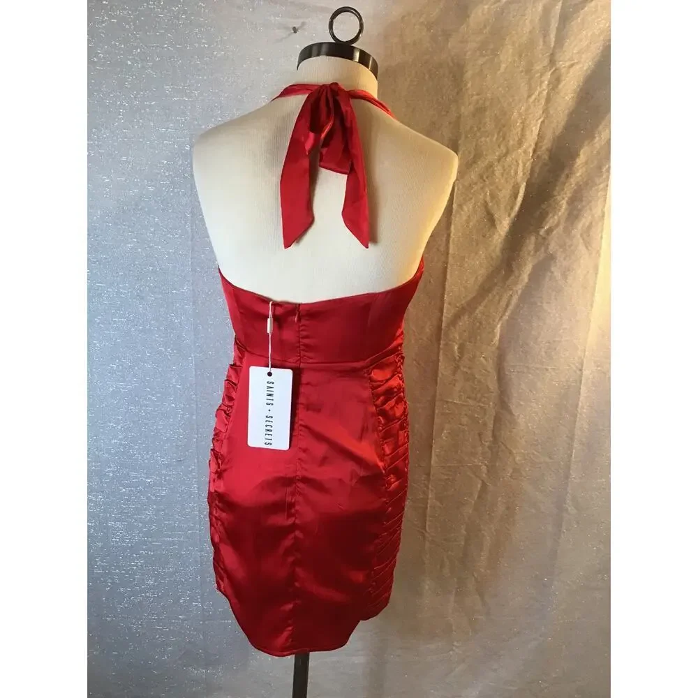 SAINTS + SECRETS NWT Red Satin Halter Ruched Mini Dress Bodycon Size 10 - Picture 6 of 13